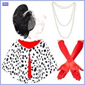 Dalmatian Halloween Costume Set with Wig, Gloves, Scarf, Necklace